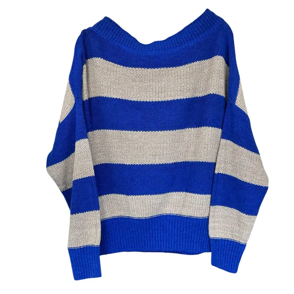 Free People Sweater Oversized Nautical Blue Beige Stripe SZ Sm Office Relaxed - Image 6