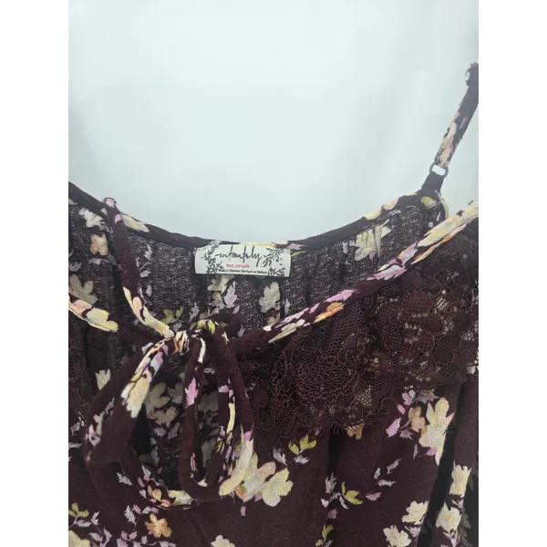 Free People Bodysuit Womens Small‎ Burgundy Floral Lace Trim Ruffle Straps Boho - Image 3