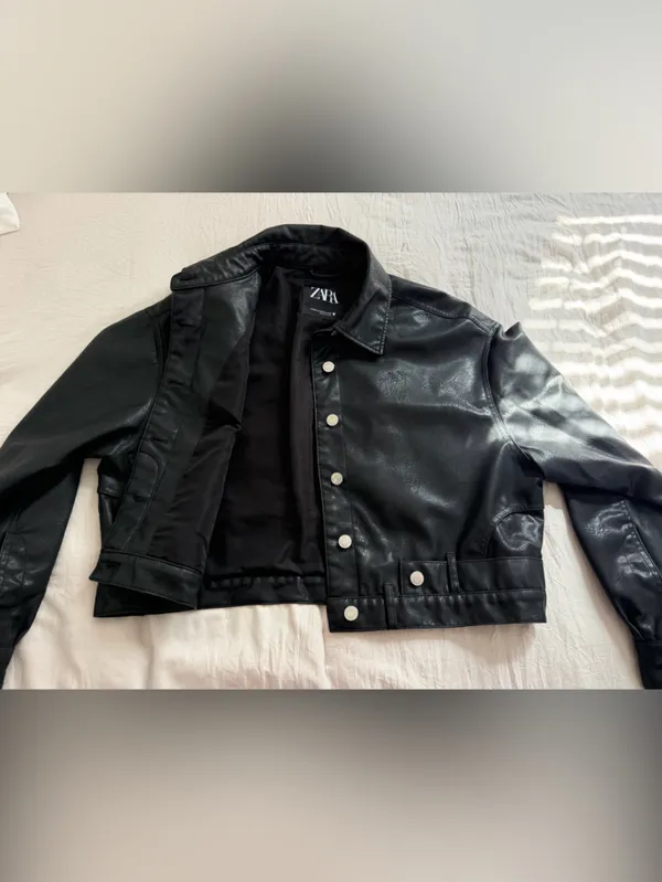 ZARA Black Faux Leather Snap-Front‎ Cropped Jacket Oversized - Image 7