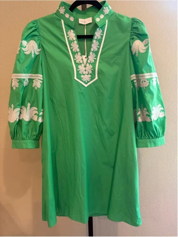 Entro 3/4 Sleeve Embroidered Mini Dress in Green Size S - Image 2