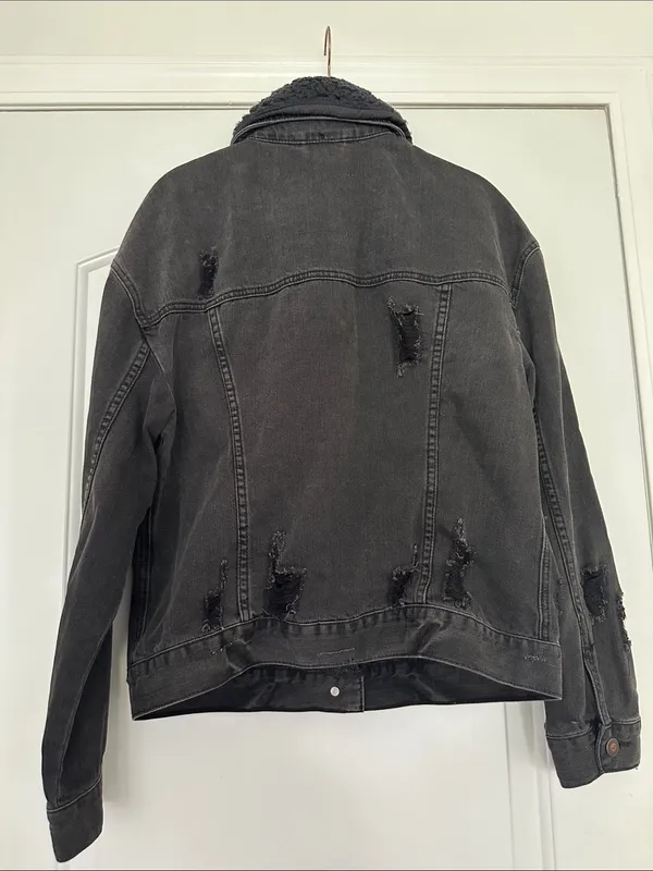 Hollister Black Sherpa-Trim Distressed Denim Jacket Black Sz M - Image 5