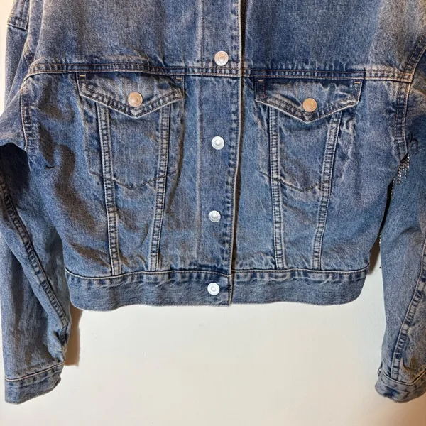 American Eagle Cropped‎ Denim Jacket Rhinestone Fringe Y2K Festival Western XS - Image 3