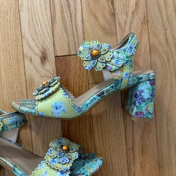 L'ATISTE Multicolor Floral Leather Block Heel Sandals Summer Spring 36 Whimsical - Image 4