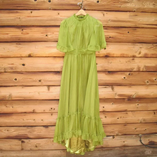 MAC DUGGAL Size 6 Green Ruffled High Neck Flutter Sleeve Maxi Gown Dress - Image 4