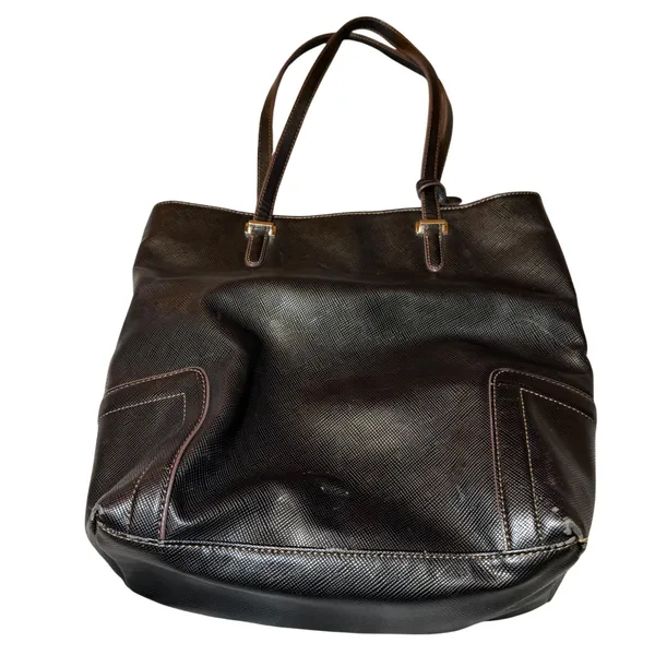 Chaps Black Faux Leather Tote Shoulder Bag Large Textured Purse Work Shopper - Image 3