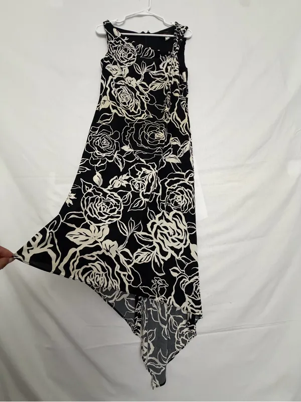 Mary L Couture Women Black Ivory Floral Asymmetric Hem Midi Dress Sz 10(A853) - Image 4