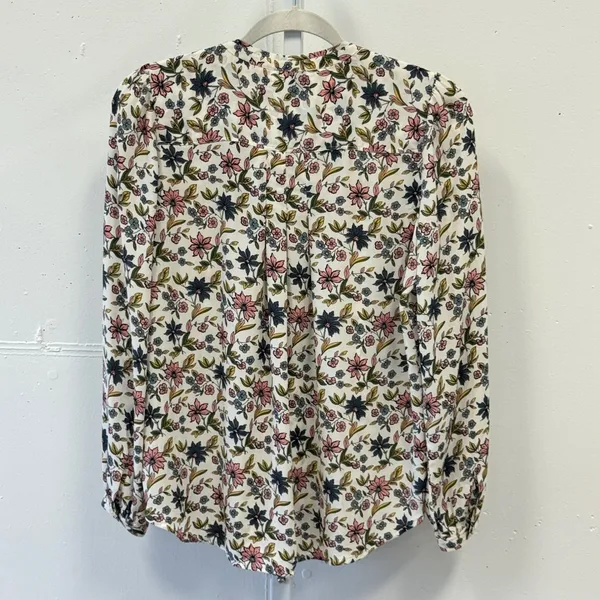 LOFT Petites Floral Split Neck Tie Blouse White Pink Blue Long Sleeve SP - Image 2