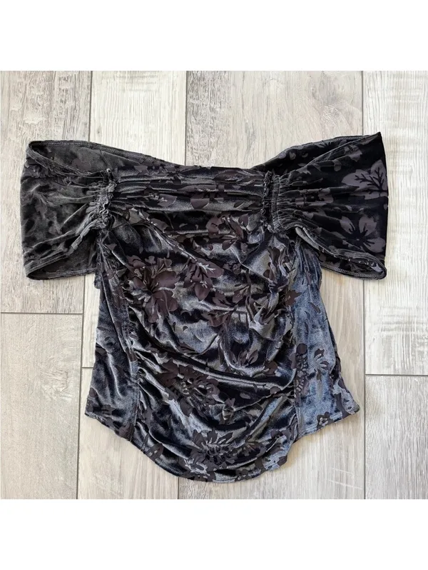 Free People Joni Black Off the Shoulder Whimsical Velour burnout top size medium - Image 6
