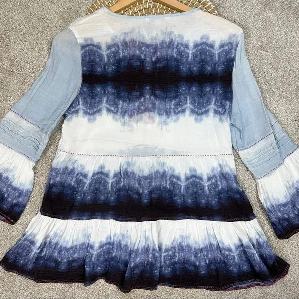 John Mark Ombre Tie Dye Tiered Blouse Tunic Peasant Tassel Artsy Bell Sleeve M - Image 11