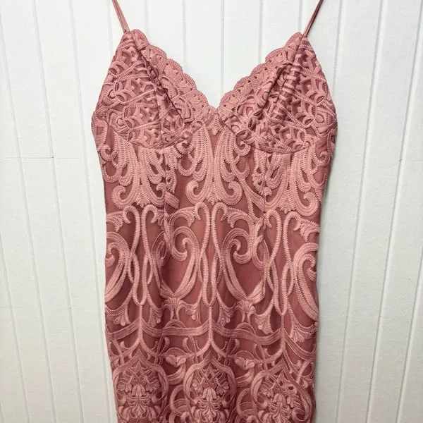 Bardot Gia Lace Pencil Midi Dress Spaghetti Strap Latte‎ Pink Embroidered L - Image 12
