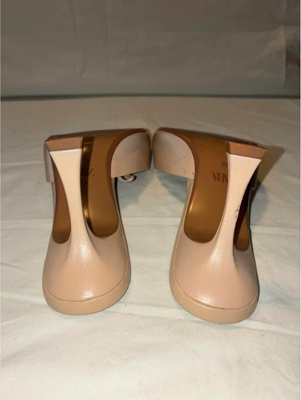 Zara Leather Heeled Mules – Beige Square Toe Slide Sandals Size 38 - Image 6