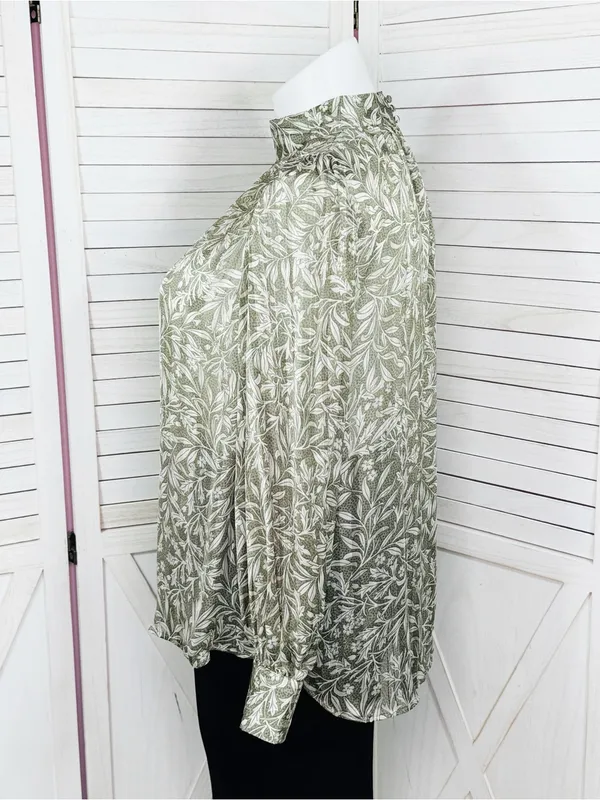 H&M Floral Pleated Mock Neck Blouse Green Cream Large Sheer Satin Office Boho - Image 3