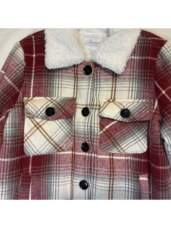 Special One Plaid Womans Sherpa Collar Fleece Lined Shacket Red Cream Sz M - Image 3