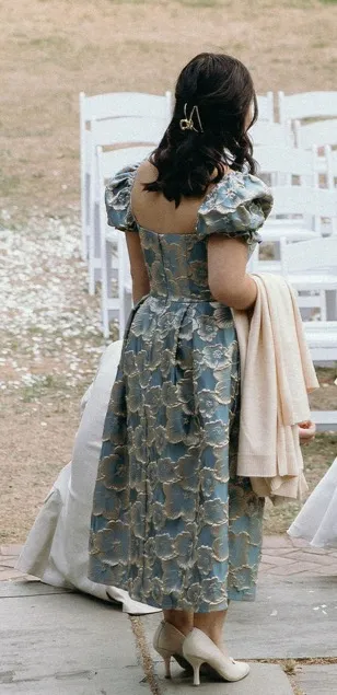 Azazie Blue and Gold Floral Puff Sleeve Dress WITH POCKETS - Image 4