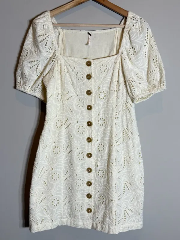 Free People Daniella Eyelet Mini Dress Women's 2 Ivory Puff Sleeve Boho Cotton - Image 7