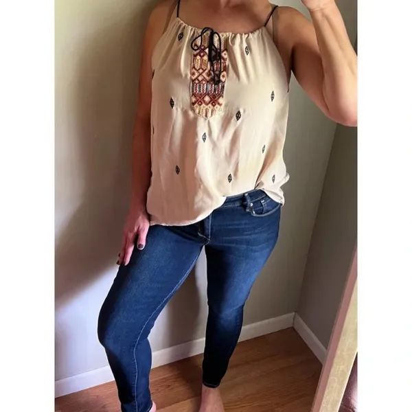 Esley Embroidered Tan Aztec Style Womens Sleeveless Top, Size Large - Image 2