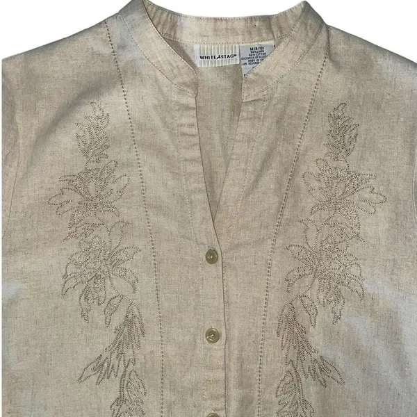 White Stag Tan Linen Blend Mandarin Collar Tunic with Flower Accents M - Image 9