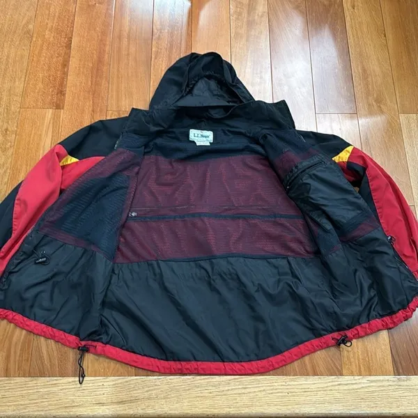 L.L. Bean Rain Jacket Womens Red Black Colorblock‎ Hooded Mesh Lined Large - Image 5