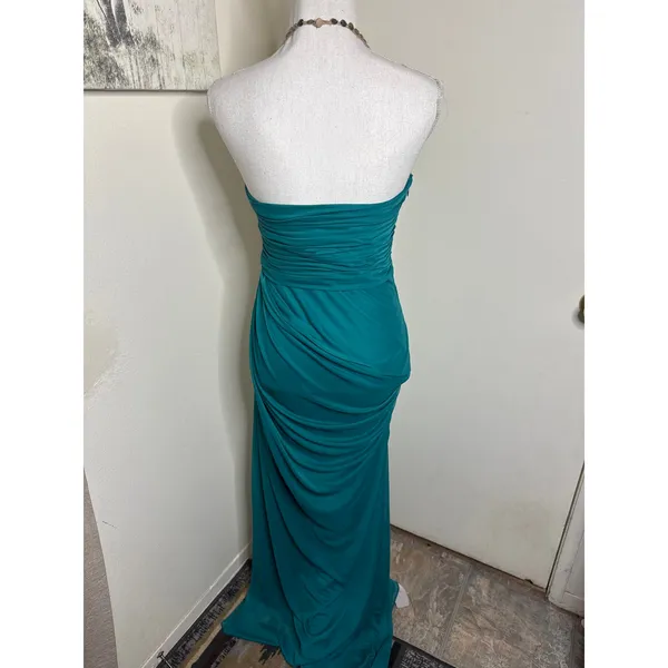 2010s Adrianna Papell Ruched Teal Gown With Beaded Halter- Size 10 Project Piece - Image 7