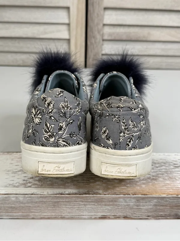 SAM EDELMAN Women's "Leya" Pom Pom Slip On Blue Floral Canvas Sneakers-8 - Image 6