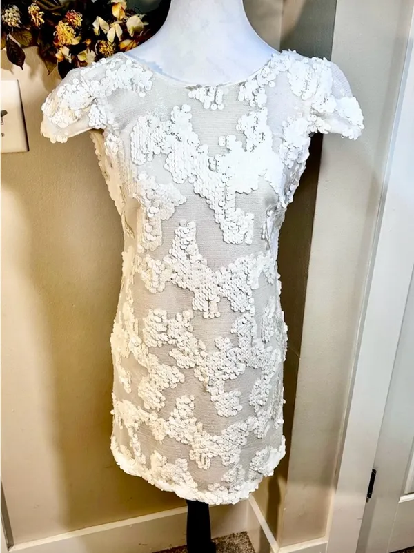 Dress the Population Brooke White Sequin Illusion Mesh Cap Sleeve Dress Sz XS💛 - Image 3