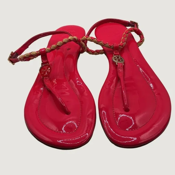 Tory Burch Miller Braided Pink Patent Leather Thong Ankle Strap Sandals 6M - Image 2
