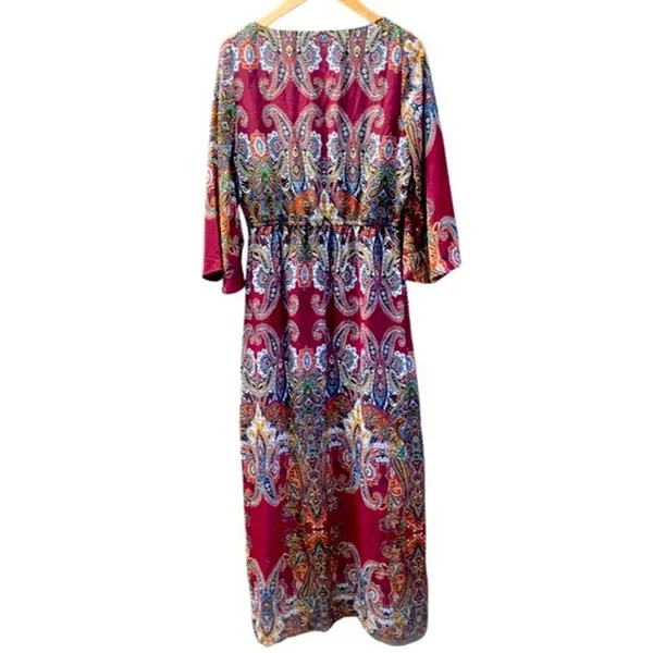 Signature Collection Paisley Maxi Dress M Burgundy Red Boho V-Neck Bell Sleeve - Image 4