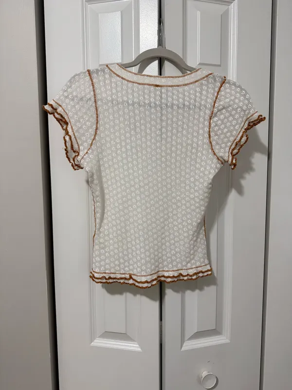 Free People Cream Garner Short Sleeve Top with Brown Stitching Accent - Image 5