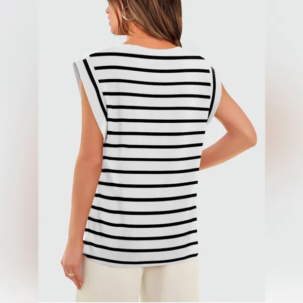 Striped Black and WhiteCap Sleeve Women's Top - Image 2