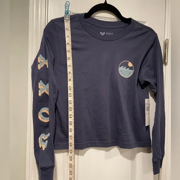 NWT Roxy Size XS Blue Crew Neck Long Sleeve Logo Cropped Tee Shirt Surf Beach 90 - Image 7