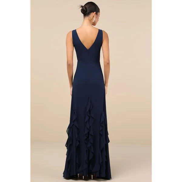 Lulus Alorna Dark Navy Sleeveless Ruffled Maxi Dress Wedding Banquet Small - Image 3