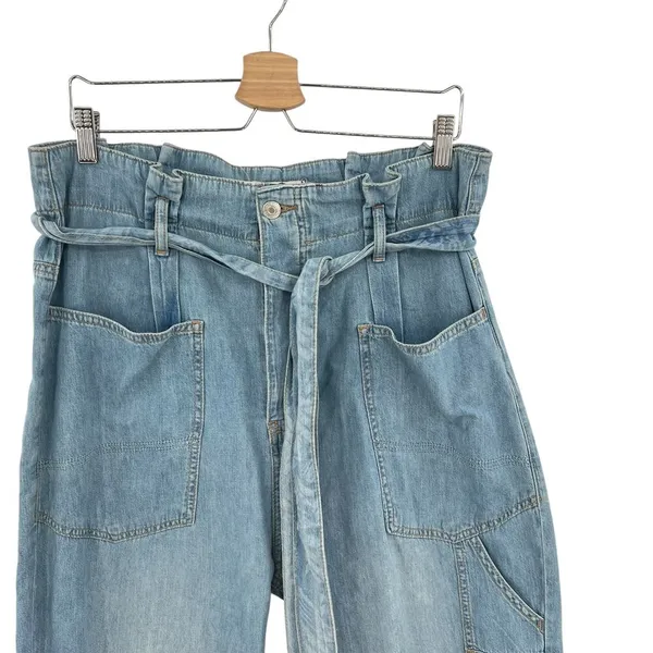 Free People Belted Denim Utility‎ Pants In Blue Haze Denim Chambray Size 30 - Image 5