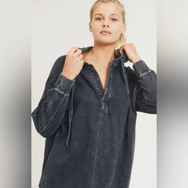 MONO B Black Mineral Washed Hoodie Tunic Dress Size M - Image 3
