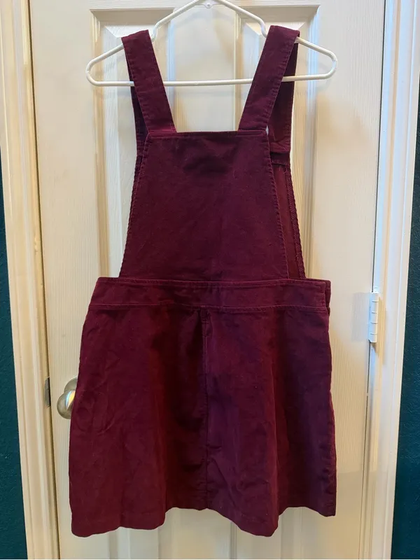 Burgundy Corduroy Pinafore Dress with Ruffle Pocket - Image 2