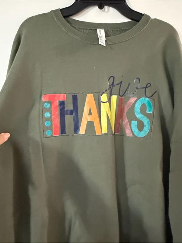 Bella Canvas Olive Green Crewneck Sweatshirt with Multicolor 'THANKS' Graphic - Image 3