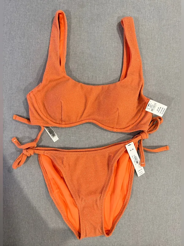 PINK Victoria’s Secret Textured Glitter Bikini Set Orange Coral Medium NWT - Image 14
