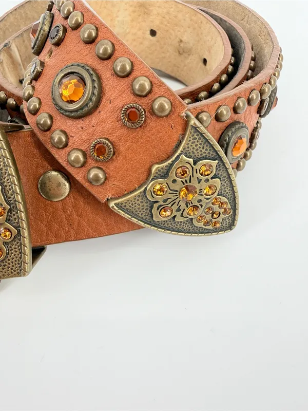 VTG Y2K Studded Western Women Belt XL Amber Accents Bronze 100% Italian Leather - Image 9