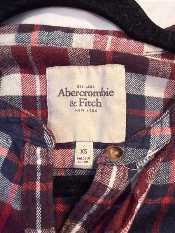 Abercrombie & Fitch Red Navy Plaid Ruffle Button-Down Shirt XS cotton - Image 5