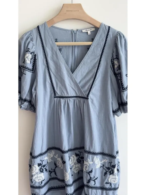 Madewell Embroidered Foldover V-Neck Mini Dress Terrace Blue Cotton Puff Sleeve - Image 9