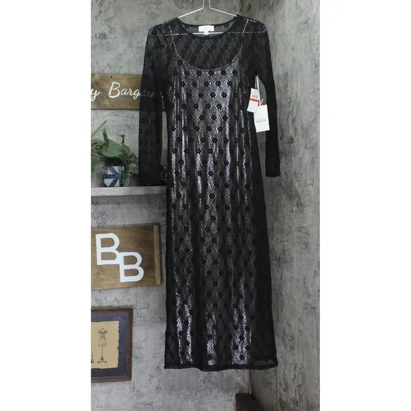 NWT Cece Womens Metallic Lace-Over Long-Sleeve Midi Dress Black XS - Image 5