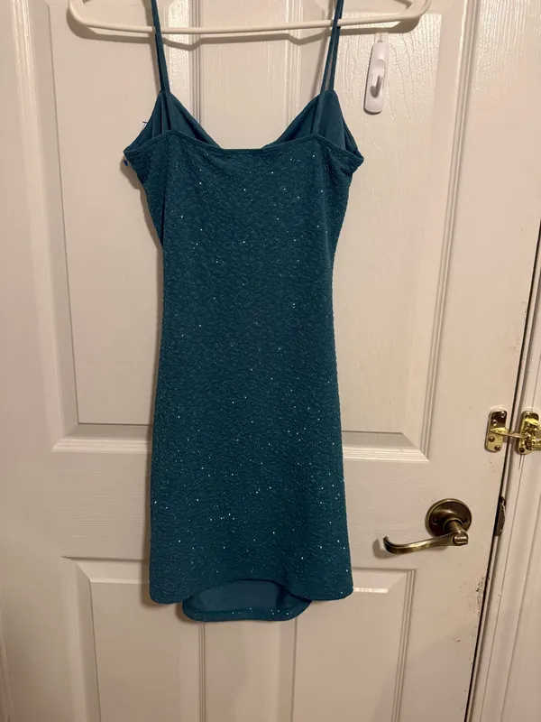 Windsor Teal Glitter Ruched Cowl-Neck Bodycon Mini Dress Size Medium - Image 2