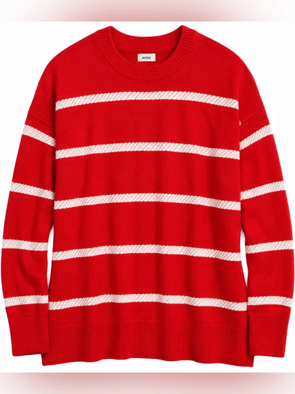 NWOT Aerie Red White Striped Oversized Crewneck Sweater M - Image 3
