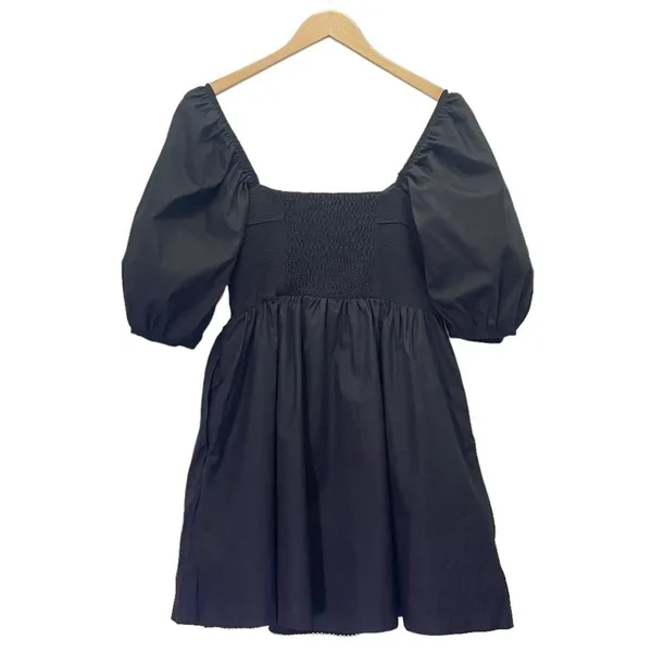 Anthropologie Maeve Puff-Sleeved Cotton Sweetheart Mini Dress Black Size Medium - Image 3
