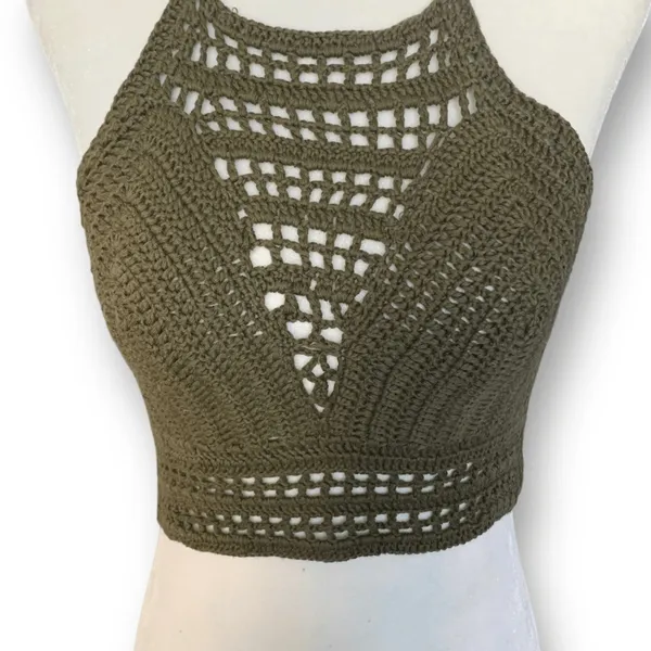 Charlotte Russe Crochet Knit Halter Olive Green Open Back Festival Crop Top‎ Small Forrest Fairy - Image 8