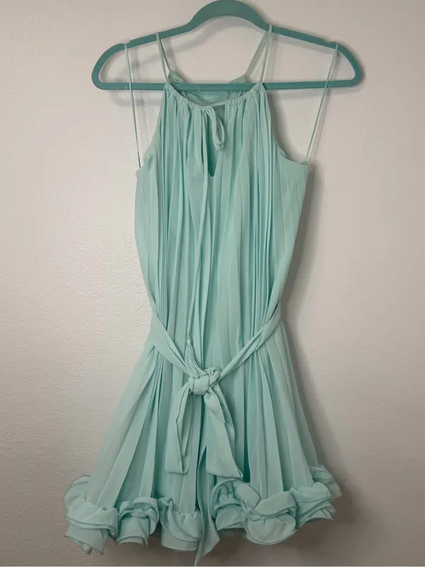 Miss Avenue Chiffon Allover Pleated Tie Waist Wired/Bubble Hem Mini Dress - Image 4