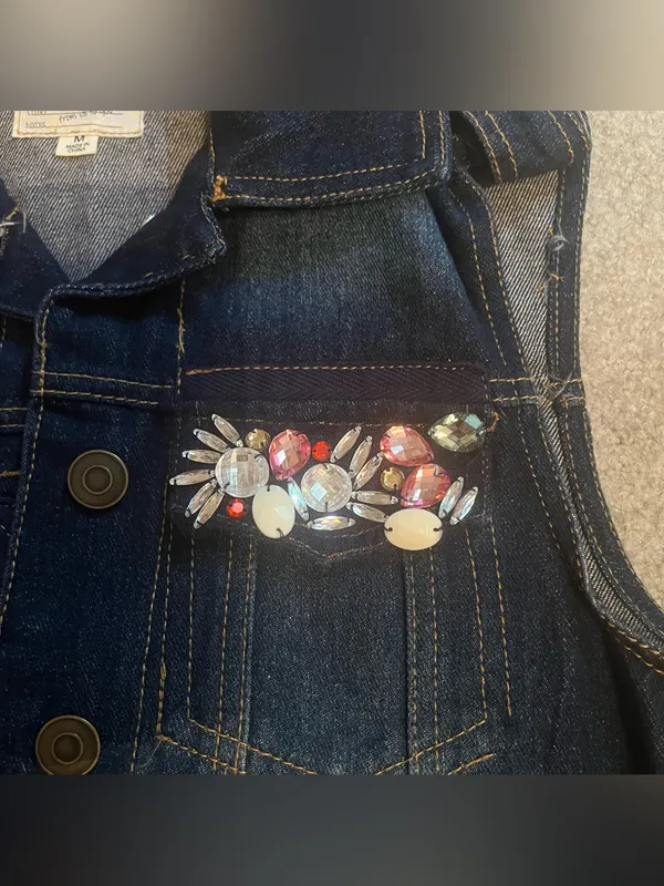 Dolled Up Vintage Women’s Dark-wash Denim Vest with Beaded Embellished Pocket - Image 7