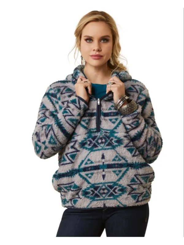 Ariat REAL Berber Pullover Hooded Sweatshirt Aztec Print Half Zip Fleece Size XL - Image 2