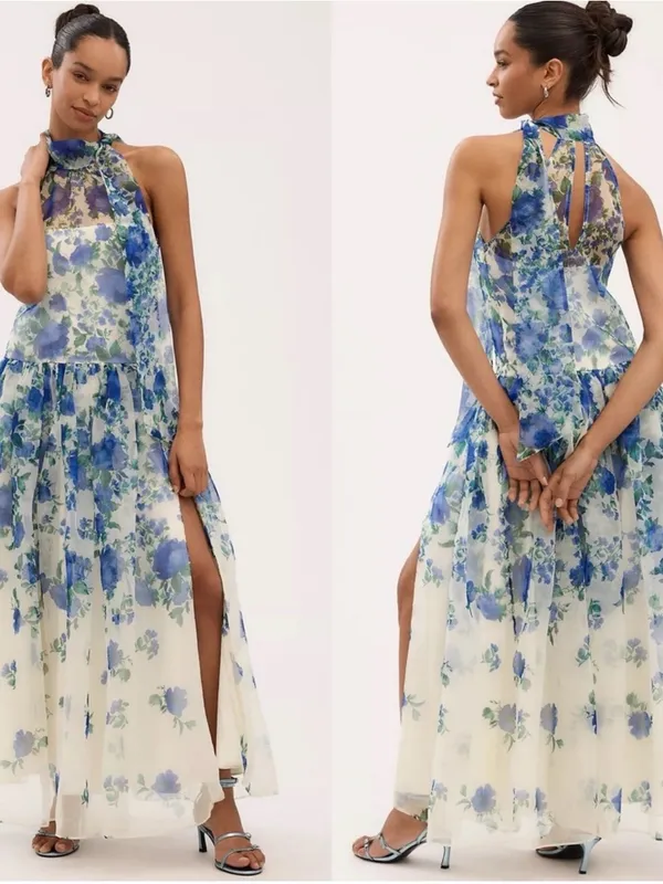 BHLDN Kendall High-Neck Scarf Floral Organza Maxi Dress Size Large - Image 2