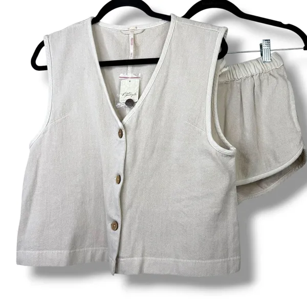NEW Free People So Fresh Wet Plaster Neutral Button Vest Relaxed Lounge Set XS - Image 2