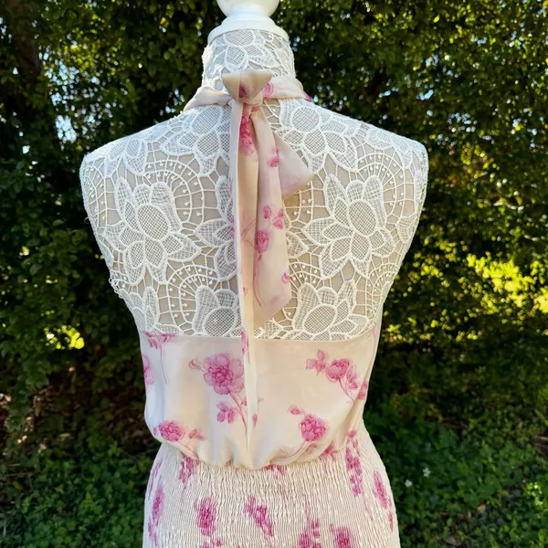 Cider Women’s Floral Halter Shirred Mini Dress‎ Peach Size M Party Cocktail - Image 6
